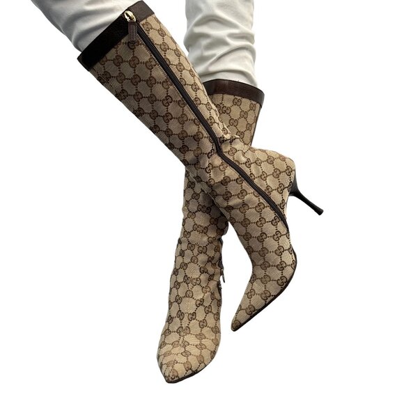GUCCI Vintage GG Monogram Long Boots #36-37 Heels Zip Beige Brown [104064] - Picture 2 of 12